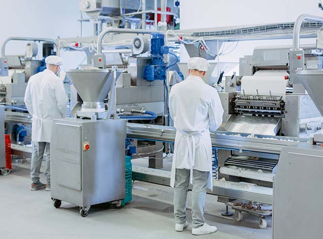 homens trabalhando em máquinas na indústria de alimentos